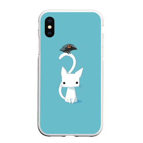 Чехол для iPhone XS Max матовый с принтом Белый котик и воробушек в городе Новоалтайск, Силикон | Область печати: задняя сторона чехла, без боковых панелей | арт | белая кошка | белый кот | белый котёнок | воробей | воробушек | воронёнок | кот | котёнок | кошка | рисунок | чёрный птенец