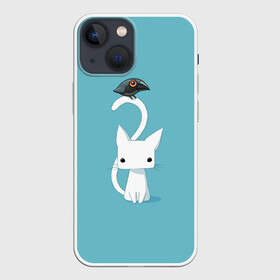 Чехол для iPhone 13 mini с принтом Белый котик и воробушек в городе Новоалтайск,  |  | Тематика изображения на принте: арт | белая кошка | белый кот | белый котёнок | воробей | воробушек | воронёнок | кот | котёнок | кошка | рисунок | чёрный птенец