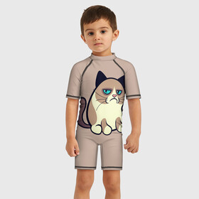 Детский купальный костюм 3D с принтом Великий Grumpy Cat в городе Новоалтайск, Полиэстер 85%, Спандекс 15% | застежка на молнии на спине | grumpy cat | арт | кот | кот grumpy cat | котёнок | кошка | недовольный кот | рисунок