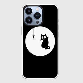 Чехол для iPhone 13 Pro с принтом Ночная охота в городе Новоалтайск,  |  | Тематика изображения на принте: арт | кот | котёнок | кошка | луна | ночь | рисунок | рыба | рыбалка | черная кошка | черный кот | чёрный котёнок
