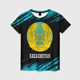 Женская футболка 3D с принтом KAZAKHSTAN / КАЗАХСТАН в городе Новоалтайск, 100% полиэфир ( синтетическое хлопкоподобное полотно) | прямой крой, круглый вырез горловины, длина до линии бедер | flag | kazakhstan | qazaqstan | герб | захах | казахстан | кахахи | лого | нур султан | республика | символ | страна | флаг