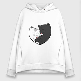 Женское худи Oversize хлопок с принтом Влюблённые котики в городе Новоалтайск, френч-терри — 70% хлопок, 30% полиэстер. Мягкий теплый начес внутри —100% хлопок | боковые карманы, эластичные манжеты и нижняя кромка, капюшон на магнитной кнопке | арт | белая кошка | белый кот | влюблённые | кот | кот и кошка | кошка | любовь | пара | рисунок | чёрная кошка | чёрный кот