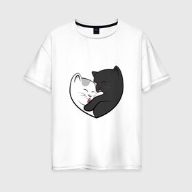 Женская футболка хлопок Oversize с принтом Влюблённые котики в городе Новоалтайск, 100% хлопок | свободный крой, круглый ворот, спущенный рукав, длина до линии бедер
 | арт | белая кошка | белый кот | влюблённые | кот | кот и кошка | кошка | любовь | пара | рисунок | чёрная кошка | чёрный кот