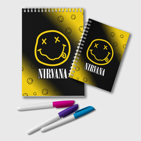 Блокнот с принтом NIRVANA НИРВАНА в городе Новоалтайск, 100% бумага | 48 листов, плотность листов — 60 г/м2, плотность картонной обложки — 250 г/м2. Листы скреплены удобной пружинной спиралью. Цвет линий — светло-серый
 | Тематика изображения на принте: band | cobain | face | kurt | logo | music | nirvana | rock | rocknroll | группа | кобейн | курт | лого | логотип | музыка | музыкальная | нирвана | рожица | рок | рокнролл | символ