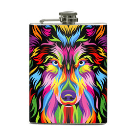 Фляга с принтом Neon wolf в городе Новоалтайск, металлический корпус | емкость 0,22 л, размер 125 х 94 мм. Виниловая наклейка запечатывается полностью | color | ears | eyes | muzzle | neon | nose | paint | skin | view | wolf | взгляд | волк | глаза | краска | неон | нос | уши | цвет | шерсть