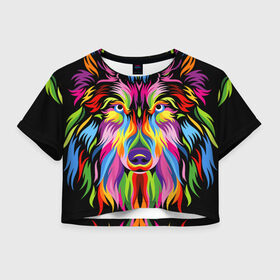Женская футболка Crop-top 3D с принтом Neon wolf в городе Новоалтайск, 100% полиэстер | круглая горловина, длина футболки до линии талии, рукава с отворотами | color | ears | eyes | muzzle | neon | nose | paint | skin | view | wolf | взгляд | волк | глаза | краска | неон | нос | уши | цвет | шерсть