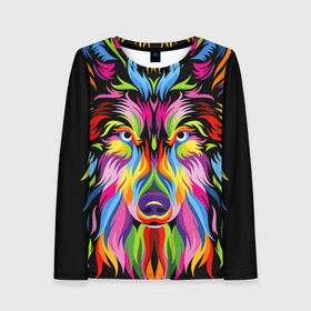 Женский лонгслив 3D с принтом Neon wolf в городе Новоалтайск, 100% полиэстер | длинные рукава, круглый вырез горловины, полуприлегающий силуэт | color | ears | eyes | muzzle | neon | nose | paint | skin | view | wolf | взгляд | волк | глаза | краска | неон | нос | уши | цвет | шерсть