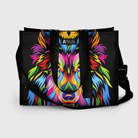 Сумка-шоппер 3D с принтом Neon wolf в городе Новоалтайск, 100% полиэстер | застегивается на металлическую кнопку; внутренний карман застегивается на молнию. Стенки укреплены специальным мягким материалом, чтобы защитить содержимое от несильных ударов
 | color | ears | eyes | muzzle | neon | nose | paint | skin | view | wolf | взгляд | волк | глаза | краска | неон | нос | уши | цвет | шерсть