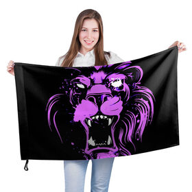 Флаг 3D с принтом Pink lion в городе Новоалтайск, 100% полиэстер | плотность ткани — 95 г/м2, размер — 67 х 109 см. Принт наносится с одной стороны | ears | eyes | fangs | jaw | lion | mane | muzzle | neon | pink | глаза | грива | клыки | лев | неон | пасть | розовый | уши