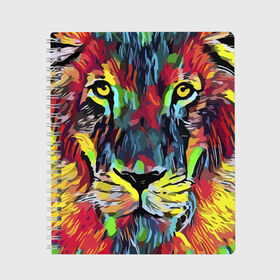 Тетрадь с принтом Rainbow lion в городе Новоалтайск, 100% бумага | 48 листов, плотность листов — 60 г/м2, плотность картонной обложки — 250 г/м2. Листы скреплены сбоку удобной пружинной спиралью. Уголки страниц и обложки скругленные. Цвет линий — светло-серый
 | color | ears | eyes | jaw | lion | mane | muzzle | nose | paint | view | взгляд | глаза | грива | краска | лев | нос | пасть | цвет