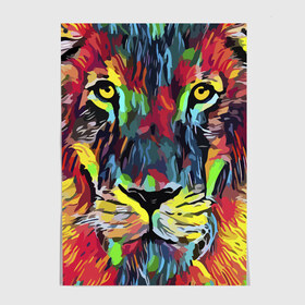 Постер с принтом Rainbow lion в городе Новоалтайск, 100% бумага
 | бумага, плотность 150 мг. Матовая, но за счет высокого коэффициента гладкости имеет небольшой блеск и дает на свету блики, но в отличии от глянцевой бумаги не покрыта лаком | color | ears | eyes | jaw | lion | mane | muzzle | nose | paint | view | взгляд | глаза | грива | краска | лев | нос | пасть | цвет