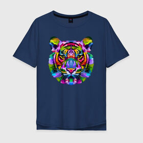 Мужская футболка хлопок Oversize с принтом Color tiger в городе Новоалтайск, 100% хлопок | свободный крой, круглый ворот, “спинка” длиннее передней части | color | ears | eyes | muzzle | neon | tiger | vanguard | view | авангард | взгляд | глаза | неон | тигр | уши | цвет