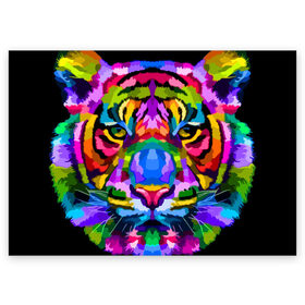 Поздравительная открытка с принтом Neon tiger в городе Новоалтайск, 100% бумага | плотность бумаги 280 г/м2, матовая, на обратной стороне линовка и место для марки
 | Тематика изображения на принте: color | ears | eyes | muzzle | neon | tiger | vanguard | view | авангард | взгляд | глаза | неон | тигр | уши | цвет