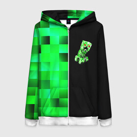 Женская толстовка 3D на молнии с принтом MINECRAFT CREEPER в городе Новоалтайск, 100% полиэстер | длина до линии бедра, манжеты и пояс оформлены мягкой тканевой резинкой, двухслойный капюшон со шнурком для регулировки, спереди молния, по бокам два кармана | blox | creeper | dungeons | game | geometry | green | neon | pixel | steve | алекс | детям | зелень | игра | кислотный | крипер | куб | логотипы игр | майнкрафт | мальчикам | мобы | неоновый | пиксель | пиксельный | подземелья