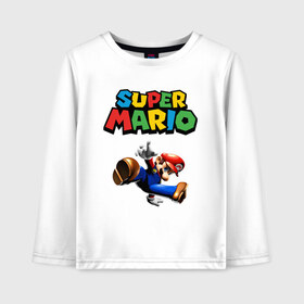 Детский лонгслив хлопок с принтом Super Mario в городе Новоалтайск, 100% хлопок | круглый вырез горловины, полуприлегающий силуэт, длина до линии бедер | game | mario kart live home circuit | super mario | super mario 3d world | super mario 64 | super mario galaxy | super mario sunshine | гумба | игра super mario | игра марио | йоши | купалинги | лакиту | луиджи | марио | надпись | нинтендо | 