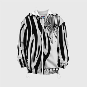 Детская куртка 3D с принтом Zebra в городе Новоалтайск, 100% полиэстер | застежка — молния, подол и капюшон оформлены резинкой с фиксаторами, по бокам — два кармана без застежек, один потайной карман на груди, плотность верхнего слоя — 90 г/м2; плотность флисового подклада — 260 г/м2 | животное | зебра | полосы | черный | штрихкод