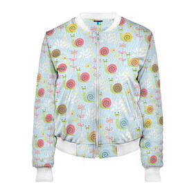 Женский бомбер 3D Улитки: в городе Новоалтайск, 100% полиэстер | застегивается на молнию, по бокам два кармана без застежек, мягкие манжеты, по низу бомбера и на воротнике — эластичная резинка | арт | рисунок | синий | улитка | улитки | цветная улитка | цветные улитки | цветок | цветы