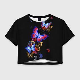 Женская футболка Crop-top 3D с принтом Поцелуй бабочек в городе Новоалтайск, 100% полиэстер | круглая горловина, длина футболки до линии талии, рукава с отворотами | angel | butterfly | fairy | neon | night | wings | ангел | бабочка | бабочки | девушке | животные | красочные | крылья | летающие | магия | махаон | мотыльки | насекомые | неоновые | ночные | ночь | подарок | природа
