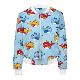 Женский бомбер 3D с принтом Киты в городе Новоалтайск, 100% полиэстер | застегивается на молнию, по бокам два кармана без застежек, мягкие манжеты, по низу бомбера и на воротнике — эластичная резинка | арт | детский рисунок | жёлтый | кит | киты | красный | море | оранжевый | рисунок | синий | цветной кит | цветные киты | яркие цвета | яркий цвет