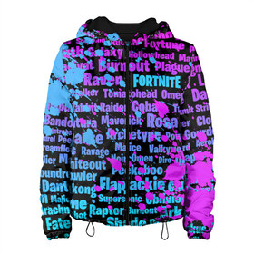 Женская куртка 3D с принтом Fortnite Names в городе Новоалтайск, ткань верха — 100% полиэстер, подклад — флис | прямой крой, подол и капюшон оформлены резинкой с фиксаторами, два кармана без застежек по бокам, один большой потайной карман на груди. Карман на груди застегивается на липучку | battle | fortnite | game | pubg | royale | битва | выживание | игра | королевская | пабг | пубг | сезон | фортнайт