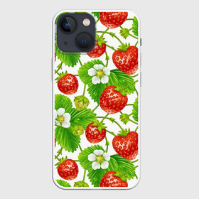 Чехол для iPhone 13 mini с принтом Земляника в городе Новоалтайск,  |  | арт | белые цветы | белый | белый цветок | зеленый | земляника | клубника | красный | лесная ягода | лесные ягоды | листва | листья | растение | рисунок | цветок | цветы