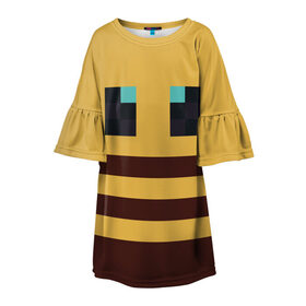 Детское платье 3D с принтом Minecraft Bee в городе Новоалтайск, 100% полиэстер | прямой силуэт, чуть расширенный к низу. Круглая горловина, на рукавах — воланы | Тематика изображения на принте: bee | minecraft | майнкрафт | пчела | пчёлка | пчелобав