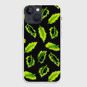 Чехол для iPhone 13 mini с принтом Зеленые листья в городе Новоалтайск,  |  | defoliation | foliage | leaves | retro | зеленые листья | зелень | лето | листопад | листья | листья деревьев | ночь | паттерн | ретро