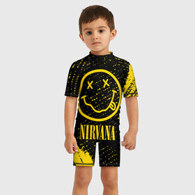 Детский купальный костюм 3D с принтом NIRVANA   НИРВАНА в городе Новоалтайск, Полиэстер 85%, Спандекс 15% | застежка на молнии на спине | band | cobain | face | kurt | logo | music | nirvana | rock | rocknroll | группа | кобейн | курт | лого | логотип | музыка | музыкальная | нирвана | рожица | рок | рокнролл | символ