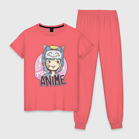 Женская пижама хлопок с принтом Anime Girl в городе Новоалтайск, 100% хлопок | брюки и футболка прямого кроя, без карманов, на брюках мягкая резинка на поясе и по низу штанин | cartoon | cat | cute | girls | japan | japanese | kawaii | kitty | manga | tsundere | waifu | yandere | аниме | анимэ | вайфу | дандере | девочка | девушка | дередере | кавайная | котик | манга | милая | мультик | мультики | цундере | яндере | 