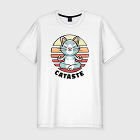Мужская футболка хлопок Slim с принтом Namaste Cataste в городе Новоалтайск, 92% хлопок, 8% лайкра | приталенный силуэт, круглый вырез ворота, длина до линии бедра, короткий рукав | cat | kitten | kitty | puss | pussycat | аум | восход | закат | индия | киса | киска | кот | котасте | котенок | котик | кошатник | кошатница | кошка | люблю котов | мантра | медитация | намасте | непал | поклон