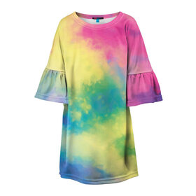 Детское платье 3D с принтом Tie-Dye в городе Новоалтайск, 100% полиэстер | прямой силуэт, чуть расширенный к низу. Круглая горловина, на рукавах — воланы | dye | multicolor | tie | trend | акварель | брызги | градиент | дай | колор | краски | красочная | мульти | потёки | пятна | радуга | радужная | тай | тайдай | текстура | тренд | хиппи