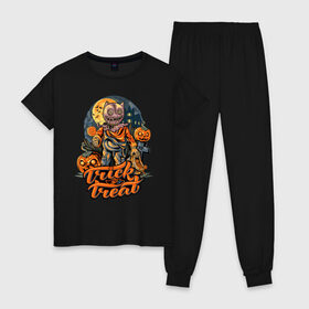 Женская пижама хлопок с принтом Trick or treat. Хэллоуин в городе Новоалтайск, 100% хлопок | брюки и футболка прямого кроя, без карманов, на брюках мягкая резинка на поясе и по низу штанин | halloween | helloween | trick or treat | монстры | приколы | тыква | ужасы | хеллоуин | хэллоуин