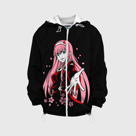 Детская куртка 3D с принтом ZeroTwo (Darling in the Franx) в городе Новоалтайск, 100% полиэстер | застежка — молния, подол и капюшон оформлены резинкой с фиксаторами, по бокам — два кармана без застежек, один потайной карман на груди, плотность верхнего слоя — 90 г/м2; плотность флисового подклада — 260 г/м2 | 002 | 02 | ahegao | anime | darling | franx | franxx | girl | girls | in | senpai | the | two | waifu | zero | zerotwo | аниме | ахегао | вайфу | девушка | семпай | сенпай | тян