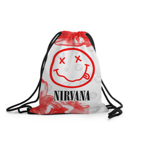 Рюкзак-мешок 3D с принтом NIRVANA / НИРВАНА в городе Новоалтайск, 100% полиэстер | плотность ткани — 200 г/м2, размер — 35 х 45 см; лямки — толстые шнурки, застежка на шнуровке, без карманов и подкладки | band | cobain | face | kurt | logo | music | nirvana | rock | rocknroll | группа | кобейн | курт | лого | логотип | музыка | музыкальная | нирвана | рожица | рок | рокнролл | символ