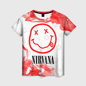 Женская футболка 3D с принтом NIRVANA / НИРВАНА в городе Новоалтайск, 100% полиэфир ( синтетическое хлопкоподобное полотно) | прямой крой, круглый вырез горловины, длина до линии бедер | band | cobain | face | kurt | logo | music | nirvana | rock | rocknroll | группа | кобейн | курт | лого | логотип | музыка | музыкальная | нирвана | рожица | рок | рокнролл | символ