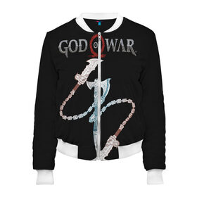 Женский бомбер 3D с принтом GOD OF WAR в городе Новоалтайск, 100% полиэстер | застегивается на молнию, по бокам два кармана без застежек, мягкие манжеты, по низу бомбера и на воротнике — эластичная резинка | axe | blade | blades | god of war | kratos | артрей | бой | викинги | год оф вар | клинки | клинки хаоса | кратос | один | олимп | топор | топоры | тор | цепи