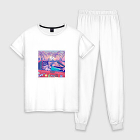 Женская пижама хлопок с принтом Vaporwave 2020-88 в городе Новоалтайск, 100% хлопок | брюки и футболка прямого кроя, без карманов, на брюках мягкая резинка на поясе и по низу штанин | aesthetic | electronica | music | лаунж | музыка | поп | скульптура