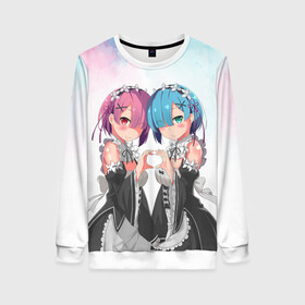 Женский свитшот 3D с принтом Re:Zero, Рам и Рем  в городе Новоалтайск, 100% полиэстер с мягким внутренним слоем | круглый вырез горловины, мягкая резинка на манжетах и поясе, свободная посадка по фигуре | ram | re zero | re:zero | re:zero starting life in another world | re:zero жизнь с нуля в альтернативном мире | rem | аниме | жизнь с нуля в другом мире | манга | рам и рем