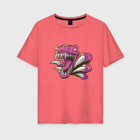 Женская футболка хлопок Oversize с принтом Pink Raptor в городе Новоалтайск, 100% хлопок | свободный крой, круглый ворот, спущенный рукав, длина до линии бедер
 | art | claw | claws | dino | dinosaur | drawing | drawings | fang | fangs | illustration | veloceraptor | арт | велоцераптор | велоцираптор | дино | динозавр | зубы | иллюстрация | клык | клыки | коготь | когти | охотник | пасть | раптор | рис
