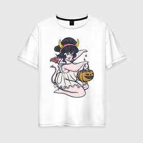 Женская футболка хлопок Oversize с принтом Pin up halloween chubby в городе Новоалтайск, 100% хлопок | свободный крой, круглый ворот, спущенный рукав, длина до линии бедер
 | bbw | candy | chubb | girl | halloween | pinup | pumpkin | sweet | witch | ббв | в ночнушке | ведьма | девушка | женщина | конфеты | ночнушка | пин ап | пинап | пышка | рога | рожки | сладкая | сладости | толстушка | тыква | тыковка | хе