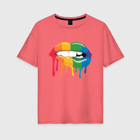 Женская футболка хлопок Oversize с принтом Rainbow Lips в городе Новоалтайск, 100% хлопок | свободный крой, круглый ворот, спущенный рукав, длина до линии бедер
 | art | erotic | kiss | lipstick | love | style | арт | брызги | губная | губы | зубы | капли | краска | любовь | подтеки | помада | потеки | поцелуй | прикусила | прикусывает | радуга | радужные | рисунок | стиль | чувства 