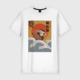 Мужская футболка хлопок Slim с принтом Samurai Surfing в городе Новоалтайск, 92% хлопок, 8% лайкра | приталенный силуэт, круглый вырез ворота, длина до линии бедра, короткий рукав | art | big | great | hokusai | illustration | japan | japanese | kanagawa | retrowave | sumo | surf | tsunami | vaportave | wave | yamato | гравюра | иллюстрация | искусство | самурай | серфинг | сумо | укиё э | цунами | ямато э | япония | японс