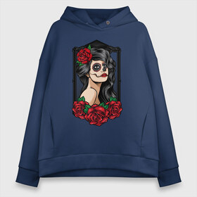Женское худи Oversize хлопок с принтом Santa Muerte в городе Новоалтайск, френч-терри — 70% хлопок, 30% полиэстер. Мягкий теплый начес внутри —100% хлопок | боковые карманы, эластичные манжеты и нижняя кромка, капюшон на магнитной кнопке | calavera | muerte | santa | santa muerte | калавера | мексиканская вечеринка | муэрте | муэрто | санта муэрте