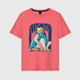 Женская футболка хлопок Oversize с принтом Body Positive Принцесса в городе Новоалтайск, 100% хлопок | свободный крой, круглый ворот, спущенный рукав, длина до линии бедер
 | Тематика изображения на принте: adult | chubby | fat | feminism | forest | princess | sit | trees | боди позитив | в лесу | лесная | лягушка | на пеньке | пенек | пышка | пышная | сидит | сказка | толстая | ужасная | уродливая | феминизм | феминистка |