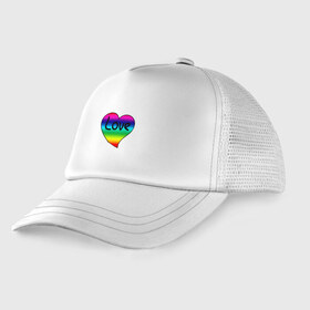 Детская кепка тракер с принтом Rainbow Love в городе Новоалтайск, Козырек - 100% хлопок. Кепка - 100% полиэстер, Задняя часть - сетка | универсальный размер, пластиковая застёжка | Тематика изображения на принте: heart | love is | love you | valentines day | бабушка | валентинка | влюбленные | девушке | жена | лучшая | любимая | люблю | любовь | мама | молодожены | подарок | радуга | радужный | романтика | свадебные | свадьба