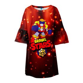 Детское платье 3D с принтом Brawl Stars/Surge в городе Новоалтайск, 100% полиэстер | прямой силуэт, чуть расширенный к низу. Круглая горловина, на рукавах — воланы | Тематика изображения на принте: bibi | crow | kolette | leon | nita | sandy | surge | volt | бравл старс | вольт | герои | детям | звезда | звездные | леон | логотипы игр | мальчикам | огненный | огонь | робот | сенди | спайк | спраут | супергерои