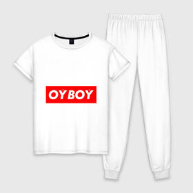 Женская пижама хлопок с принтом oyboy в городе Новоалтайск, 100% хлопок | брюки и футболка прямого кроя, без карманов, на брюках мягкая резинка на поясе и по низу штанин | казахи | ойбой | сабуров | чбд | что было дальше | щербаков | юмор