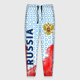 Мужские брюки 3D с принтом RUSSIA / РОССИЯ в городе Новоалтайск, 100% полиэстер | манжеты по низу, эластичный пояс регулируется шнурком, по бокам два кармана без застежек, внутренняя часть кармана из мелкой сетки | 