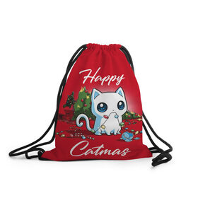 Рюкзак-мешок 3D с принтом Happy Catmas в городе Новоалтайск, 100% полиэстер | плотность ткани — 200 г/м2, размер — 35 х 45 см; лямки — толстые шнурки, застежка на шнуровке, без карманов и подкладки | 2021 | cat | catmas | christmas | happy new year | merry christmas | new year | герлянда | кот | котейка | котики | новый год | праздник | рождество
