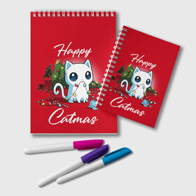 Блокнот с принтом Happy Catmas в городе Новоалтайск, 100% бумага | 48 листов, плотность листов — 60 г/м2, плотность картонной обложки — 250 г/м2. Листы скреплены удобной пружинной спиралью. Цвет линий — светло-серый
 | Тематика изображения на принте: 2021 | cat | catmas | christmas | happy new year | merry christmas | new year | герлянда | кот | котейка | котики | новый год | праздник | рождество